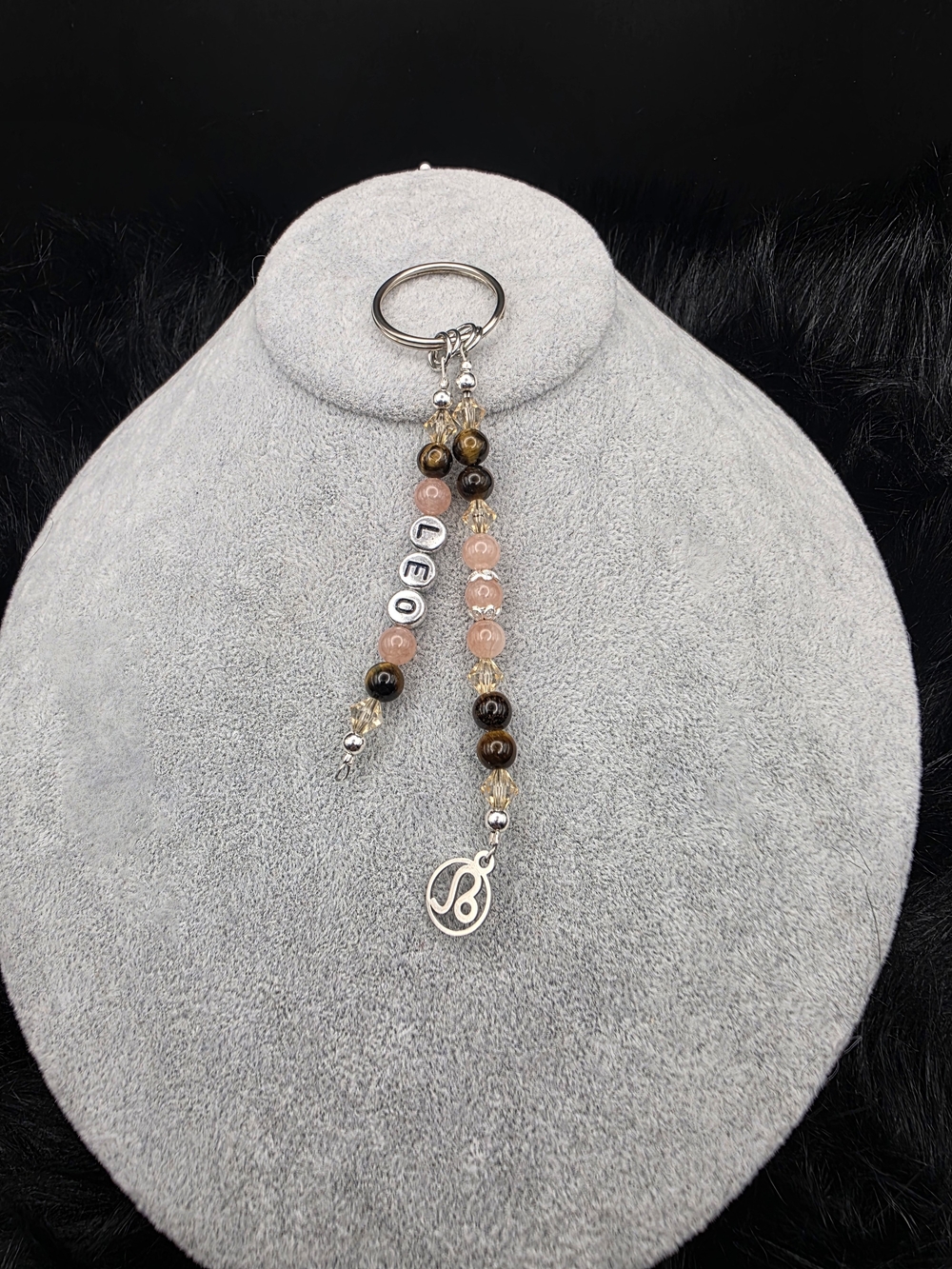 Personalized Leo Beaded Keychain with Pink and Brown Accents